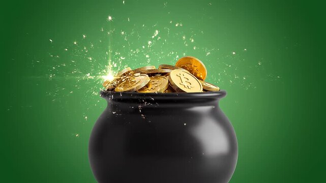 A video showcases a black cauldron overflowing with gold coins on a green background with sparks flying out of it