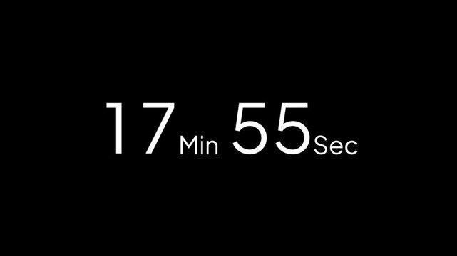 18 minute countdown timer animation from 18 to 17 minute, digital countdown timer transparent background. 18 minute countdown timer animation