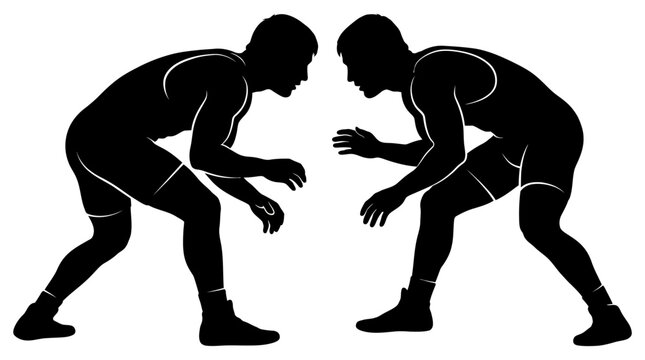 Dynamic silhouette illustration capturing two male wrestlers in an intense pre-match stance, symbolizing competition, strength, and the spirit of athletic combat