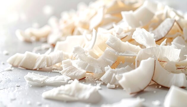 Broken coconut pieces with white flesh scattered on clean light background, macro food texture with natural shell fragments and large copy space for tropical food and healthy ingredient concepts