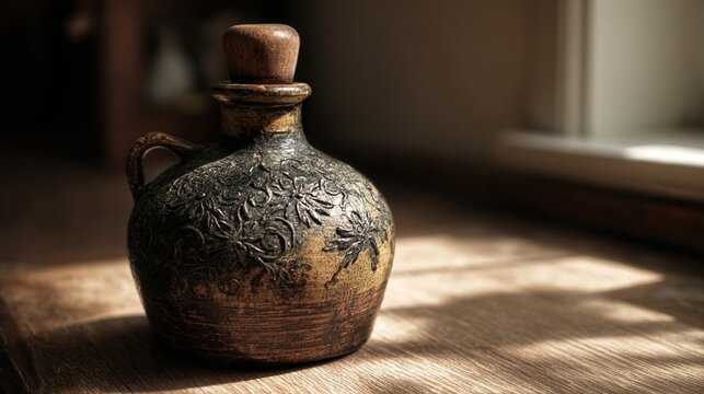 flagon. A rustic ceramic flagon with relief patterns and a wooden stopper in soft light. bar promotions, beverage menus, designed for product packaging and bar promotions, enhances appetite appeal.
