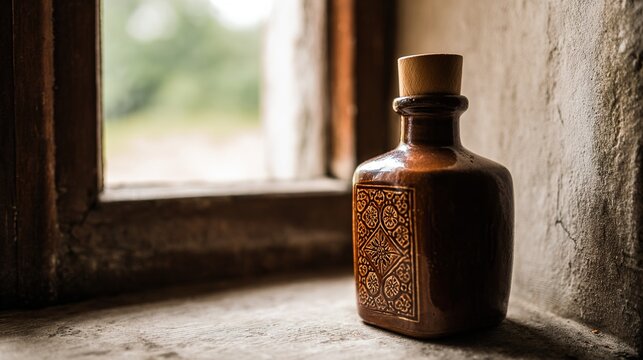 flagon. A rustic ceramic flagon with relief patterns and a wooden stopper in soft light. bar promotions, beverage menus, designed for product packaging and bar promotions, enhances appetite appeal.