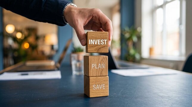 Investment and financial planning concept photo. Male hand stacking wooden cubes with text Invest, Plan, and Save in a blurred office. Professional wealth management strategy for banking.