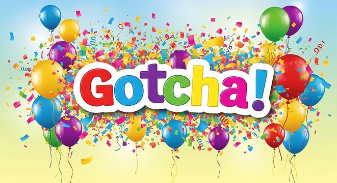 Colorful gotcha text surrounded by balloons and confetti celebration