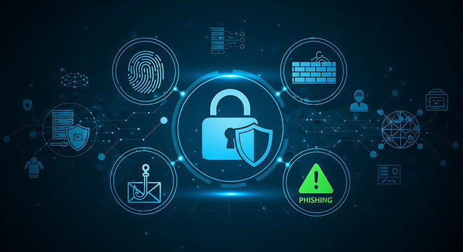 Cybersecurity network protection concept featuring glowing neon blue icons of safety lock shield biometric fingerprint secure firewall and phishing alert warning on dark technological background