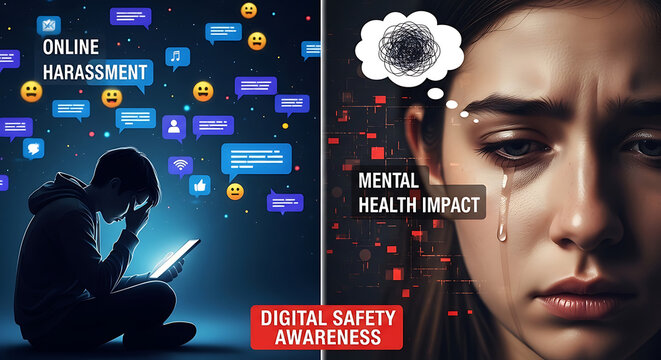 Distressed adolescent feeling overwhelmed by toxic digital harassment and online bullying via social media messaging platform on smartphone impacting psychological wellness and mental health.
