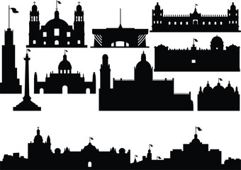 India famous landmarks silhouettes collection including Taj Mahal India Gate Gateway of India Red Fort Charminar Qutub Minar skyline set