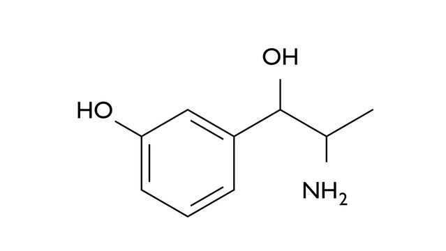 meta-hydroxynorephedrine molecule, structural chemical formula, ball-and-stick model, isolated image sympathomimetic amine