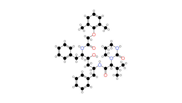lopinavir molecule, structural chemical formula, ball-and-stick model, isolated image hiv protease inhibitor