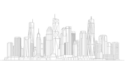 Fototapeta premium Minimalist Line Art City Skyline with Modern Skyscrapers and Buildings on Isolated White Background