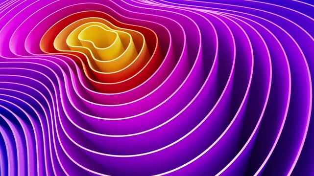 Abstract 3D render spline waves forming layered topographic shapes. Vibrant purple, pink and orange gradient lines moving like liquid surface. Futuristic digital landscape, dynamic motion background
