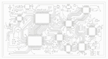 Obraz premium Detailed Circuit Board Diagram with Electronic Components and Microchips on Isolated White Background