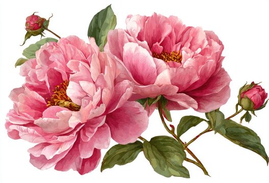 Watercolor illustration two large pink blossoms with buds and green leaves