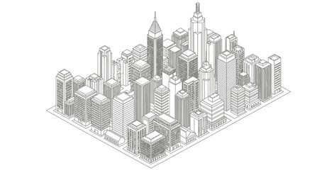 Isometric Wireframe Drawing of a Dense City Block with High-Rise Buildings and Streets on Isolated White Background © Umi