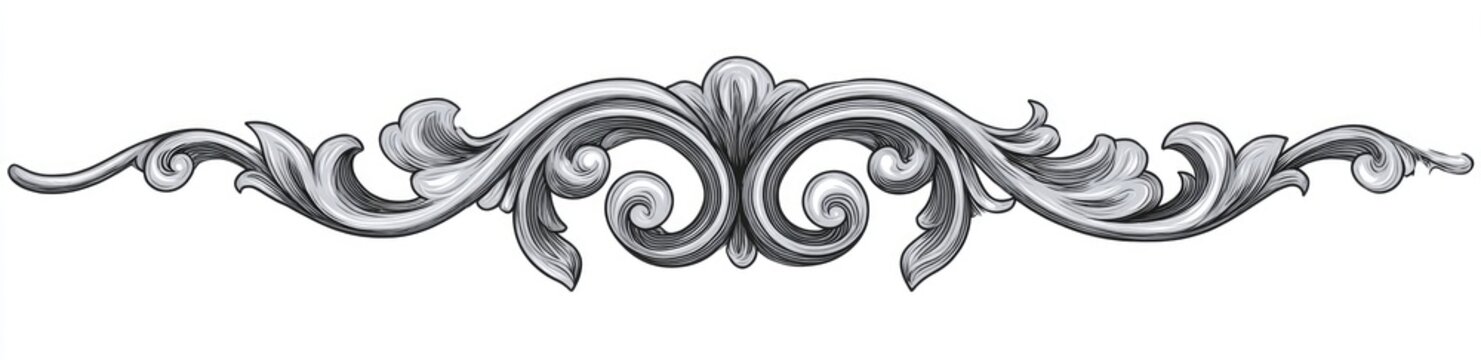 An ornate, symmetrical, silver decorative flourish with curls and leaf-like details
