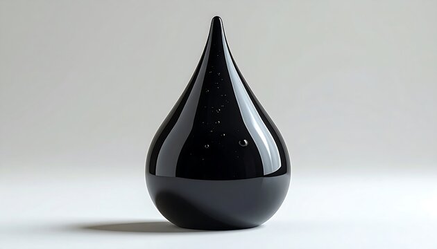 Glossy black liquid drop on clean white background with soft shadow and copy space
