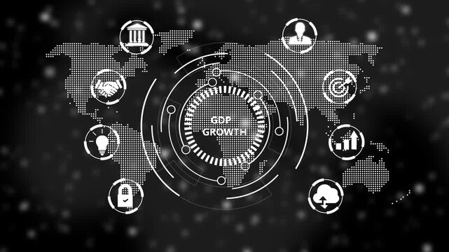 A GDP Growth concept button on a futuristic .holographic advanced HUD circle platform Business, Internet and network concept Seamless loop technology network. Motion graphics of business concept