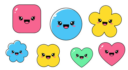 Fototapeta premium Cute cartoon shapes with happy kawaii faces in various colors and forms.