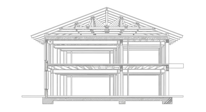 Detailed architectural cross-section of a two-story house timber frame structure, illustrating internal framing and construction elements.