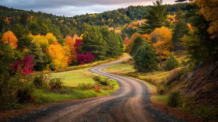 Naklejka premium Serene Winding Road Through Vibrant Autumn Forest Landscape