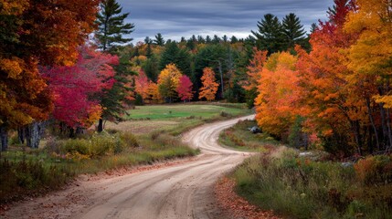 Obraz premium Serene Country Road Through Vibrant Autumn Forest Landscape