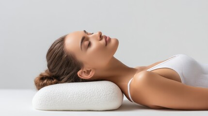 Fototapeta premium Woman lying on ergonomic contoured pillow for neck support while demonstrating proper neck alignment in a bright room setting