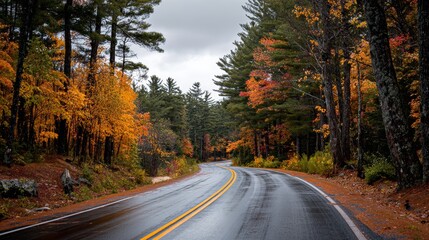 Fototapeta premium Serene Autumn Drive Through Colorful Forest with Wet Road