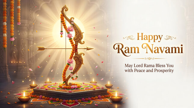 Vibrant ram navami celebration with bow and arrow decoration flowers and candles in a festive indian setting