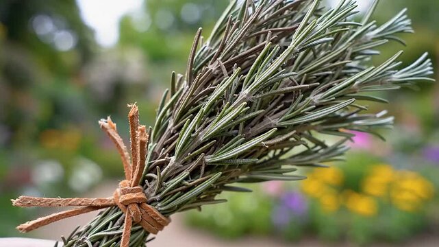 Bundle of Dried Rosemary Sprigs Tied With Leather and Twine in a Garden Setting