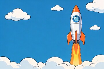 Naklejka premium retro-futuristic cartoon rocket ascending through bright blue sky. Perfect for space themes, Cosmonautics Day, and children’s illustrations
