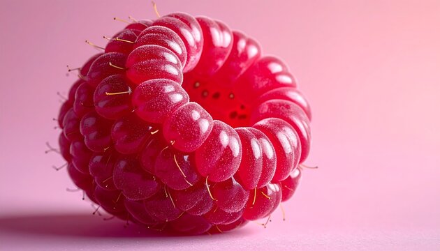 Fresh raspberry macro on pink background with water droplets, juicy red berry close up symbolizing healthy organic food