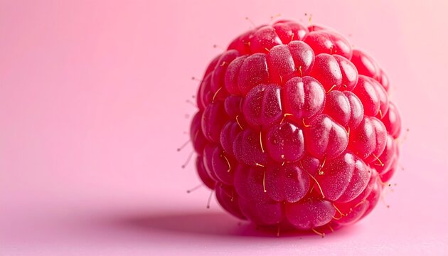 Fresh raspberry macro on pink background with water droplets, juicy red berry close up symbolizing healthy organic food