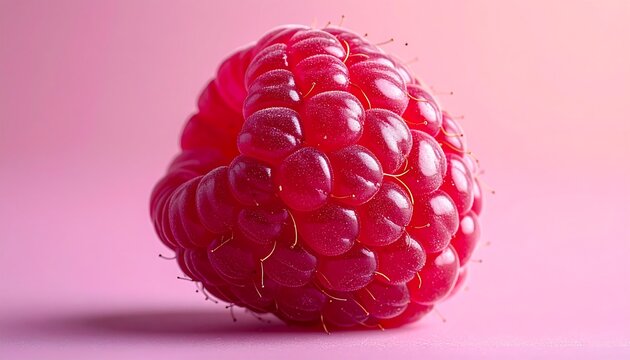 Fresh raspberry macro on pink background with water droplets, juicy red berry close up symbolizing healthy organic food
