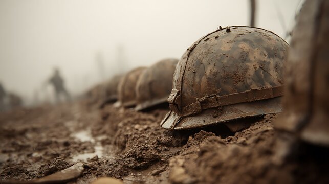 Close-up of dirty helmets on muddy ground, fog in the background, likely a war scene