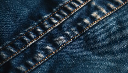Fototapeta premium Close-up of blue denim fabric with prominent orange stitching texture.