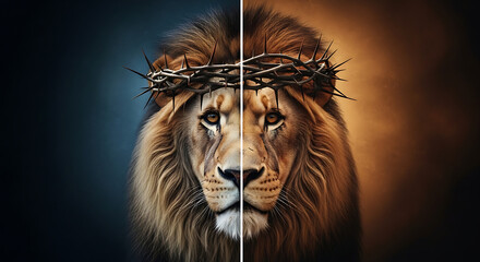 Fototapeta premium Majestic Lion Head Intertwined with a Sharp Crown of Thorns Symbolizing Divine Power Sacred Sacrifice and Christian Religious Faith Concept Representing Strength and Spiritual Royalty