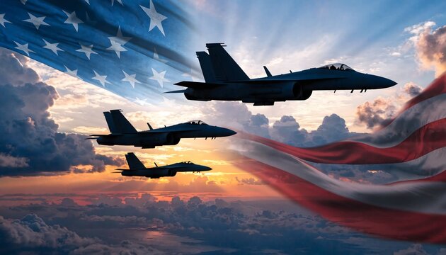 Silhouette of three fighter jets flying in formation over a stylized American flag against a vibrant sunset sky. Patriotic military concept.