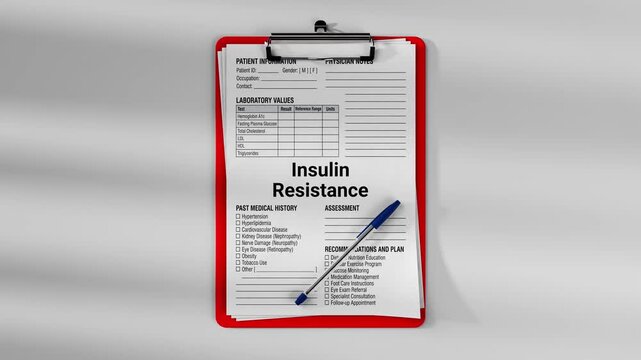 Medical clipboard with patient clinical form showing insulin resistance diagnosis and laboratory values. Healthcare documentation concept with physician notes and medical examination record.