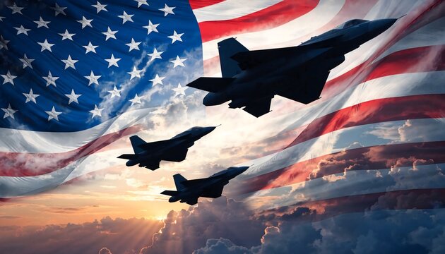 Silhouette of three fighter jets flying in formation over a stylized American flag against a vibrant sunset sky. Patriotic military concept.