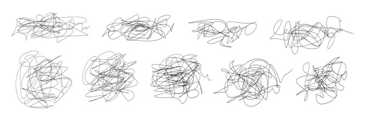 Messy pen scratch abstract scribble set with chaotic hand drawn ink lines on transparent background. Random doodle strokes, tangled sketch marks for design elements, creative overlays, notes