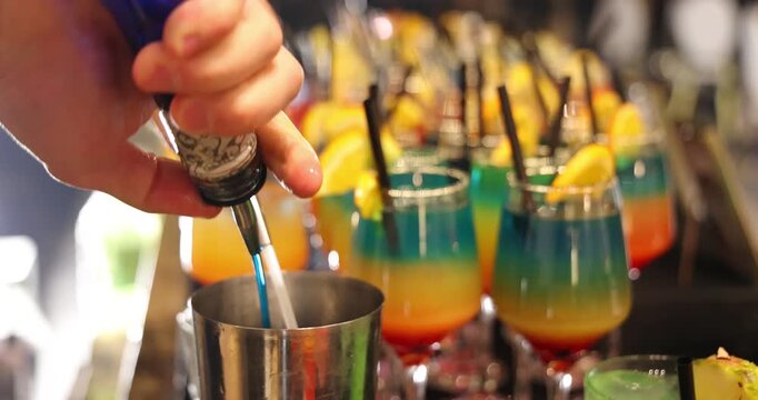 Bartender prepares a colorful Melon Refreshing cocktail at a party, mixing vibrant ingredients to create a refreshing drink that adds energy, fun, and great vibes to the celebration, slow motion