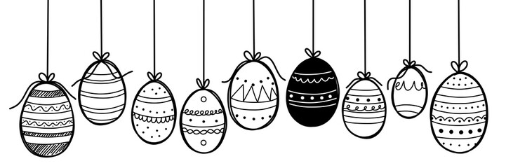 Obraz premium illustration: set of various hanging easter eggs decoration with ribbons isolated on white or transparent png