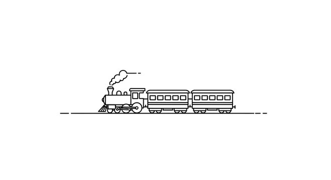 Minimalist Line Art of a Vintage Steam Train with Two Carriages on a White Background