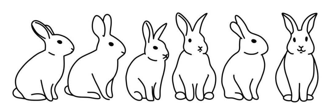 illustration: set of hand drawn easter bunny sketch collection. easter rabbits in various sitting positions, line art drawings isolated