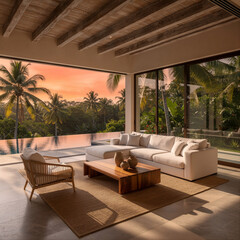Fototapeta premium High-end Balinese style living room featuring floor-to-ceiling windows, rustic wooden beams, and white linen furniture overlooking a tropical jungle during golden hour.