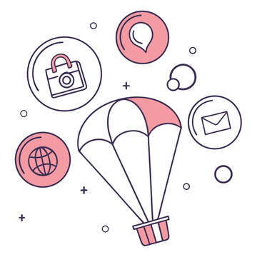 Parachute with security lock globe speech bubble
