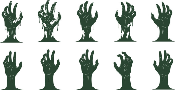 Zombie Hands Silhouette Collection Rising from Ground Creepy Horror Undead Arm Vector Illustration Set for Halloween Design