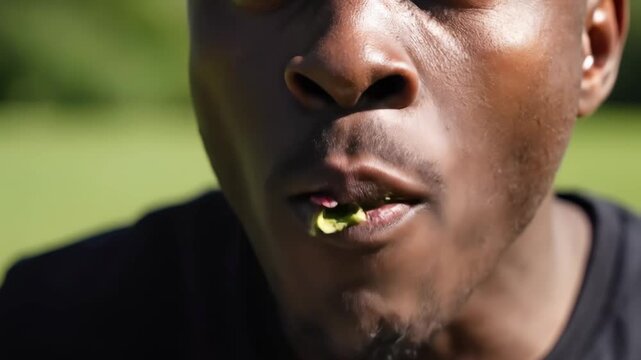 In a serene outdoor environment, a man relishes a colorful salad, savoring fresh tomatoes, crisp lettuce, and zesty onions. Every bite celebrates health and vitality, embracing nature's bounty.