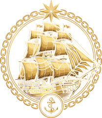 Golden Vintage Sailing Ship Emblem with Anchor, Chain Frame, and Star Compass Symbol Vector Illustration for Maritime, Nautical Logo, and Luxury Badge Design © Minara