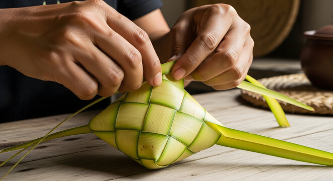 Close-up of hands weaving ketupat using young palm leaves, a traditional food preparation process.